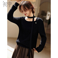 初申春秋針織衫女時(shí)尚系帶優(yōu)雅氣質(zhì)修身短款毛衣打底衫S53Z032
