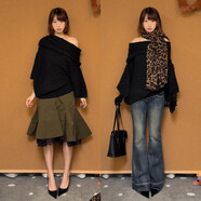 依樂(lè )琦黑色斜肩長(cháng)袖毛衣女秋冬季2025年冬季韓系慵懶寬松顯瘦露肩針織上 【黑色】不手套 3XL 70/75kg