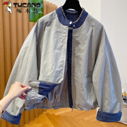 啄木鳥(niǎo)（TUCANO）秋季2025新款感牛仔拼接棒球服女胖m妹大碼寬松立領(lǐng)夾克外套潮 灰色 XL 【建議120-135斤】