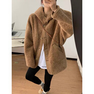 漣畫(huà)2026秋冬新款加厚顆粒肌理感羊羔毛皮毛寬松連帽紐扣女 駝色*914 M