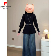 皮爾卡丹（pierre cardin）法式半高領(lǐng)燈籠袖針織衫女秋冬配腰帶收腰毛衣慵懶風(fēng)中長(cháng)款上衣 黑色（配黑色腰帶） 均碼