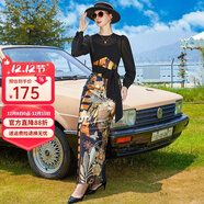 帝弗·潤馳超長(cháng)款到腳踝連衣裙夏裝新款復古印花假兩件大牌奢華過(guò)膝長(cháng)裙氣質(zhì) 黑色 S