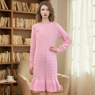 菲夢(mèng)伊100綿羊毛連衣裙女冬季時(shí)尚優(yōu)雅圓領(lǐng)加厚修身打底毛衣裙子 粉色 M 90-120斤
