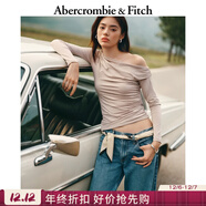 Abercrombie & Fitch【辣妹斜肩T】女裝25秋季性感褶皺露肩打底內搭T恤139-5709 沙色 XXS (160/76A)