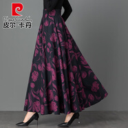 皮爾卡丹（pierre cardin）2025秋冬季新款復古印花半身長(cháng)裙女高腰大擺跳舞裙女大碼半身裙子 玫紅郁金香 2XL