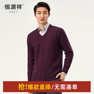 恒源祥純羊毛衫男V領(lǐng)秋冬套頭加厚保暖打底衫毛衣純色內搭針織衫長(cháng)袖 紫紅 XL /180/96A