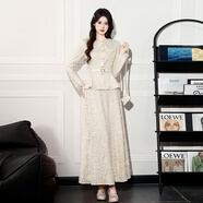 妃思洛2025秋冬新款女裝套裝裙時(shí)尚重工釘珠收腰顯瘦長(cháng)袖兩件套蕾絲中長(cháng) 杏色 S