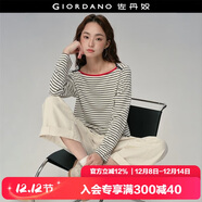 佐丹奴[盧正義明星款]長(cháng)袖T恤女新款撞色一字領(lǐng)條紋上衣18325616