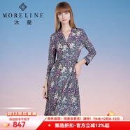 MORELINE沐蘭冬季新款復古中腰印花連衣裙女九分袖碎花裙 綠紫花 XL 42