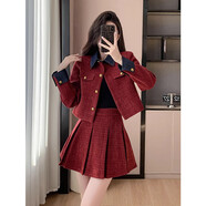 花花公子（PLAYBOY）新年戰袍小香風(fēng)連衣裙子女秋冬氣質(zhì)短款毛呢外套半身短裙兩件套裝 紅色套裝(夾棉內里) S