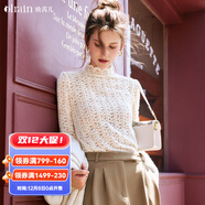 Olrain歐芮兒法式高領(lǐng)內搭蕾絲衫女秋裝修身鏤空打底上衣 米杏色（第二批次） M