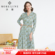 MORELINE沐蘭優(yōu)雅印花連衣裙2023年秋新款女士田園小碎花中長(cháng)款百搭 綠花 2XL 44/XXL