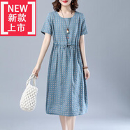 愛(ài)夸貓【特價(jià)撿漏】高檔氣質(zhì)夏季小碎花棉麻連衣裙女中長(cháng)款新款修身 178#藍色 L