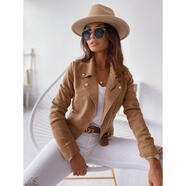 ANBIEM2025跨境歐美春季新款 修身短款翻領(lǐng)拉鏈夾克皮絨短外套女 卡其色 S