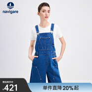 Navigare意大利小帆船女士牛仔褲25春夏季新品時(shí)尚百搭背帶褲休閑簡(jiǎn)約短褲 普魯士藍 S