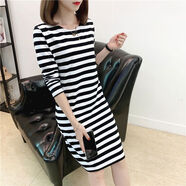 2024秋冬季新款條紋圓領(lǐng)長(cháng)袖打底連衣裙仙女氣修身棉質(zhì)包臀中長(cháng)款 黑白粗條 XL XL