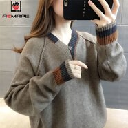 AEMAPE寬松顯瘦v領(lǐng)毛衣女2026秋冬新款韓版外穿套頭針織衫打底女上衣 卡其色 M 建議96-105斤