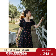 獨束大碼女裝抽繩設計碎花連衣裙女夏季新款胖mm法式茶歇裙 黑底紅花  XL