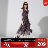 三彩2025夏季新款荷葉邊連衣裙格紋法式收腰A字裙飄帶長(cháng)裙浪漫M