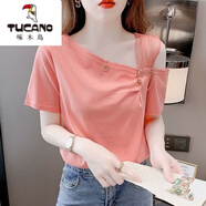 啄木鳥(niǎo)（TUCANO）大碼胖mm200斤設計感網(wǎng)紗拼接斜領(lǐng)露肩短袖t恤女寬松顯瘦夏季上衣 粉紅色【版】 XL 建議120-130斤