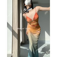 性感辣妹網(wǎng)紗印花吊帶連衣裙女度假風(fēng)漸變色金屬環(huán)鏤空拖地長(cháng)裙 日落橘 S S