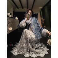 三吉黑花【扶光】新中式珠片刺繡絲絨冬季半身裙2025新款蕾絲網(wǎng)紗 銀灰 S