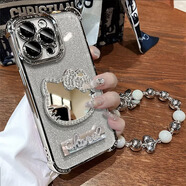 中掌柜水鉆KT貓鏡子電鍍四角氣囊防摔殼適用蘋(píng)果16promax手機殼華為mate 銀色電鍍防摔殼KT貓鏡子貼件支架手鏈閃粉卡 榮耀X70