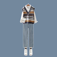 FHHUABD早秋冬職業(yè)套裝女2026年鹽系穿搭小個(gè)子襯衫馬甲學(xué)院風(fēng)兩件套 藏青色背心+襯衫+褲子【秋季女套裝小香風(fēng)套裝職業(yè)套 XL 【馬甲襯衫兩件套女小洋裝兩件套闊腿褲套裝針織襯