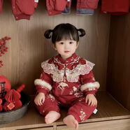 霖貝熊抓周衣服周歲禮服男女寶寶中式唐裝旗袍嬰兒生日宴紅色國風(fēng)公主裙 紅鸞繡羽加厚連體衣 100 26-30斤