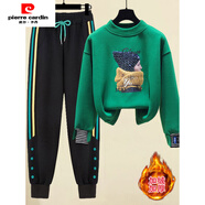 皮爾卡丹（pierre cardin）休閑衛衣套裝女裝2025新款秋冬季加絨加厚韓版時(shí)尚運動(dòng)服兩件套潮 綠色加絨衛衣+黑色加絨褲子【兩件套】 2XL