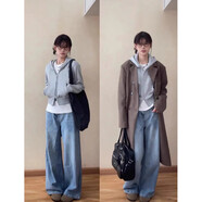 以純（YISHion）灰色連帽運動(dòng)衫外套女款秋季新款修身短款收腰上衣早秋穿搭美式開(kāi) 灰色加絨雙拉煉_煉__【(-10-15度)秋冬款】 S _百搭_正肩_好看_覆古