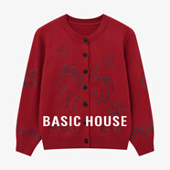 百家好（Basic House）百家好「馬上來(lái)財」綿羊毛兔毛毛衣童趣提花刺繡寬松圓領(lǐng)針織開(kāi)衫 紅色 L