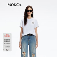 MO&Co.【抗菌防螨】棉質(zhì)T恤春秋愛(ài)心切割水鉆綴飾刺繡短袖黑色白色 漂白色 S