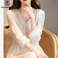 AEMAPE2025春夏新款韓版時(shí)尚v領(lǐng)優(yōu)雅連衣裙高檔收腰顯瘦氣質(zhì)淑女連衣裙 杏色 2XL