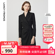 朗姿設計感ol風(fēng)氣質(zhì)顯瘦西裝裙冬季新款法式長(cháng)袖高級感連衣裙 黑色2 S