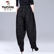 啄木鳥(niǎo)（TUCANO）民族風(fēng)女裝褲子棉麻闊腿褲燈籠褲女寬松哈倫褲女休閑長(cháng)褲單/加絨  黑色 常規 2XL 建議【148斤-170斤】