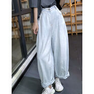 素尚夏季韓范休閑百搭超寬松薄款高腰牛仔褲吊襠燈籠老爹褲女垮褲 淺藍 XL XL