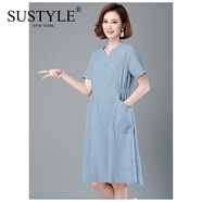 SUSTYLE奢侈高端品牌女裝高檔純棉連衣裙夏季寬松氣質(zhì)顯瘦大碼媽媽休閑裙 藍色 L 95-115斤左右