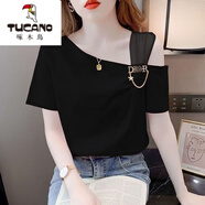 啄木鳥(niǎo)（TUCANO）大碼胖mm200斤設計感網(wǎng)紗拼接斜領(lǐng)露肩短袖t恤女寬松顯瘦夏季上衣 黑色【版】 2XL 建議130-140斤