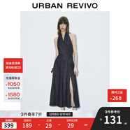 UR2025夏季新款女裝復古氛圍感掛脖露背牛仔連衣裙UWG850106 藍色 L