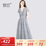 Meiban灰色仙女裙V領(lǐng)飛飛袖連衣裙女2025夏季新款魚(yú)骨收腰連身裙女 灰色 M