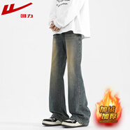 回力牛仔褲男微喇春秋季新款彎刀休閑褲子男彈力修身潮流時(shí)尚長(cháng)褲 懷舊黃 加絨 XL （建議體重120-140斤）