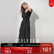 三彩2025夏季新款波點(diǎn)連衣裙法式高腰A字裙V領(lǐng)長(cháng)裙優(yōu)雅M