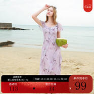 三彩2025夏季新款木耳邊荷葉袖蝴蝶印花雪紡連衣裙大擺長(cháng)裙M 淡紫色花卉 XL 170/92A