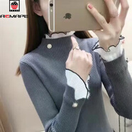 AEMAPE加絨厚加厚毛衣女外穿秋冬新款修身針織洋氣內搭上衣蕾絲打底衫 灰色 L 105-115斤