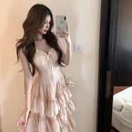 弄堂里法式重工設計蕾絲拼接吊帶連衣裙女新款領(lǐng)收腰超仙立體蛋糕長(cháng)裙 裸粉色 S