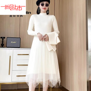 啄木鳥(niǎo)（TUCANO）小香風(fēng)黑色打底針織連衣裙女秋冬修身顯瘦純色百搭網(wǎng)紗拼接毛衣裙 白色 【不規則下擺】 均碼 85-135斤