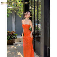 夏典素訂女王（SE.PSTP）素訂女王時(shí)尚高端橘色鏤空蕾絲包臀皺褶抹胸純欲性感長(cháng)裙連衣裙 橘色（現貨） S