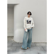 南魚(yú)百搭又好看肯豆風(fēng)復合一體絨美式復古圓領(lǐng)套頭印花加絨衛衣 淺白灰 均碼