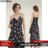 COCOBELLA花卉植物印花立體荷葉連衣裙度假風(fēng)碎花吊帶長(cháng)裙FR3095 浪漫櫻花 M
